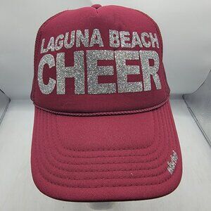 Laguna Beach Cheer Burgundy Trucker Hat Cap Glitter Letters Adjustable Casual